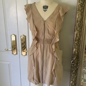 Bebe beige silk ruffle zipper dress size M